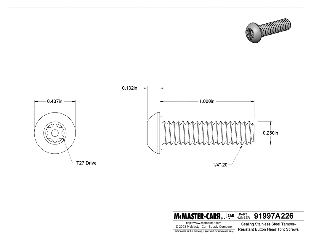 Technical Drawing of Sealing Stainless Steel Tamper-Resistant Button Head Torx Screws, with Buna-N O-Ring, 1/4"-20 Thread Size, 1" Long.